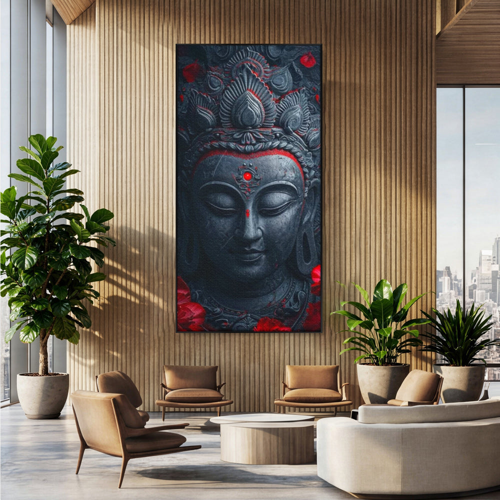 Tablou canvas cu tablou canvas cu capul lui buddha, in rama de aluminiu negru, pe perete intr-un birou